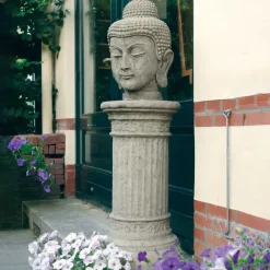 Buddha^Statues & Sculptures Buddha Head Stone Garden Ornament on Pedestal
