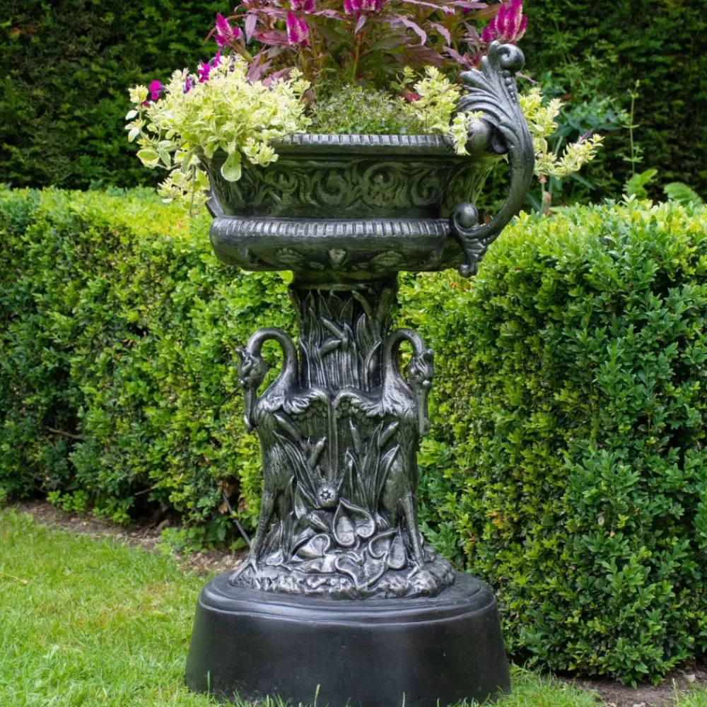 Round^Statues & Sculptures Classic Swan Urn Bronze Metal Garden Planter