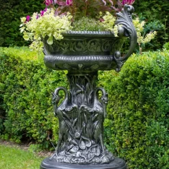 Round^Statues & Sculptures Classic Swan Urn Bronze Metal Garden Planter