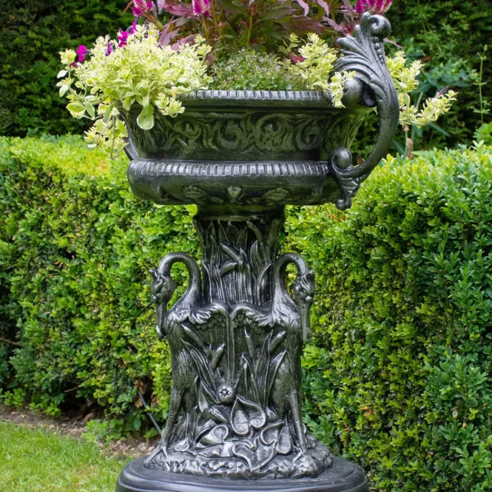 Round^Statues & Sculptures Classic Swan Urn Bronze Metal Garden Planter