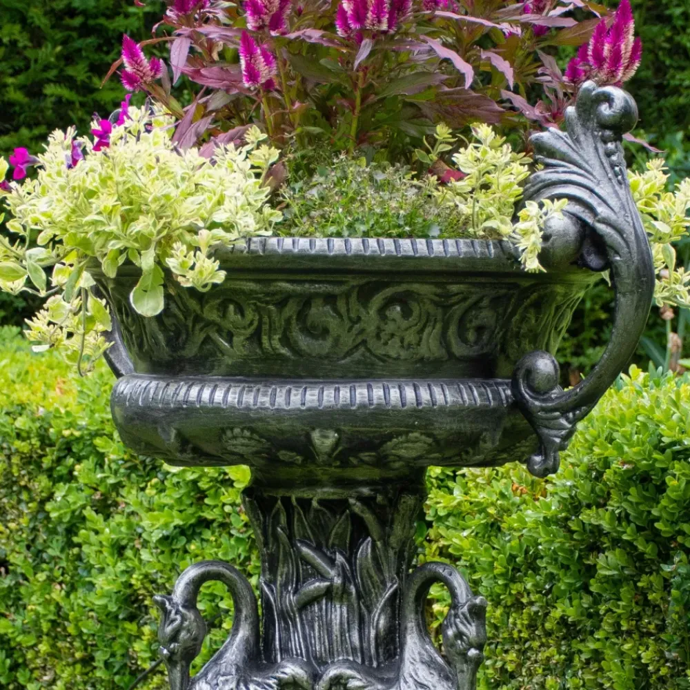 Round^Statues & Sculptures Classic Swan Urn Bronze Metal Garden Planter
