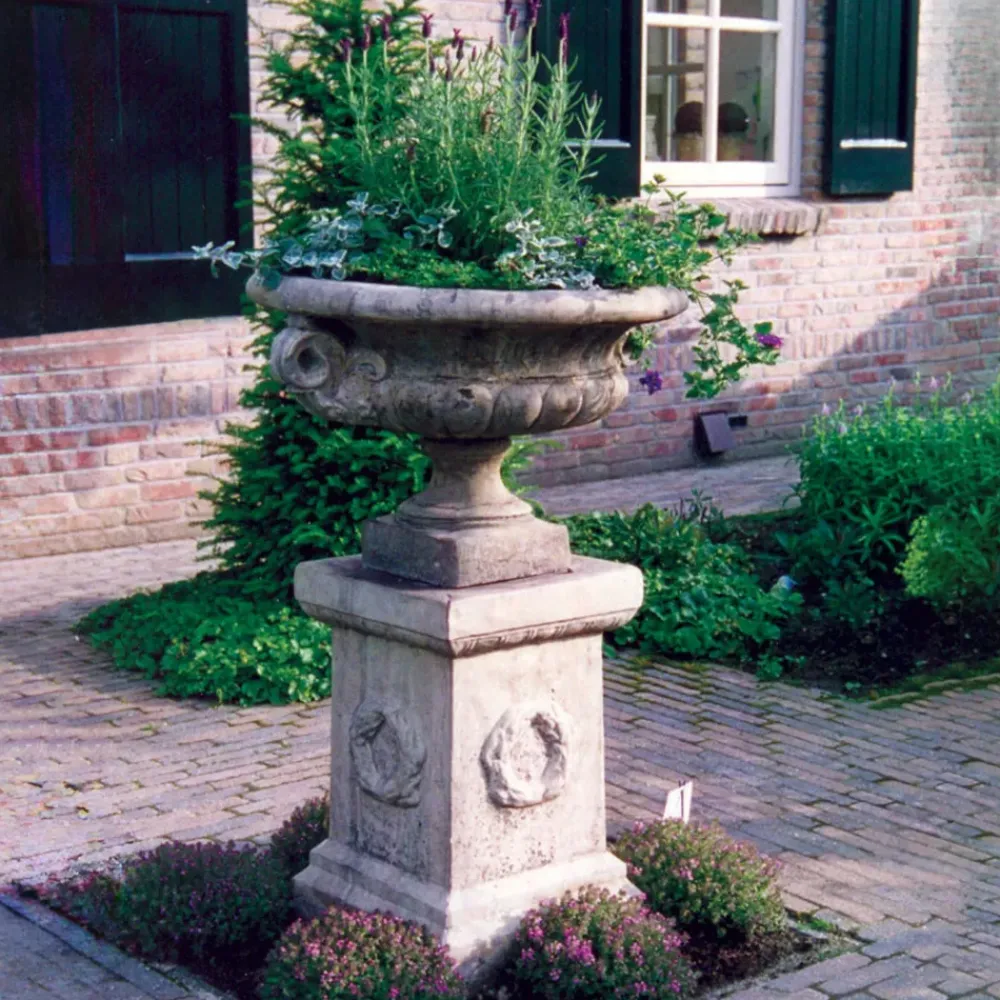 Large|Round^Statues & Sculptures Edwardian Stone Garden Planter on Laurel Pedestal