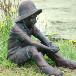 Children^Statues & Sculptures Farmer Boy Bronze Resin Garden Ornament