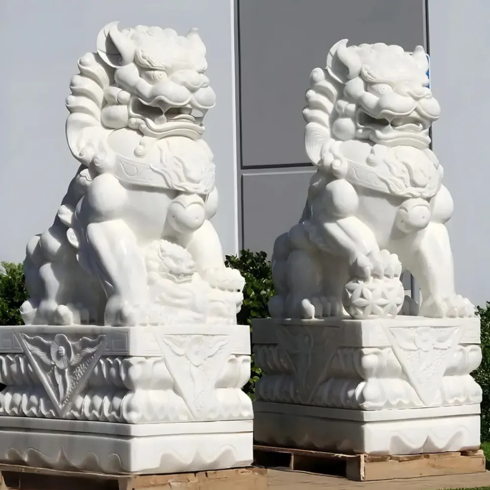Lions^Statues & Sculptures Foo Dogs 120cm White Marble Garden Statues