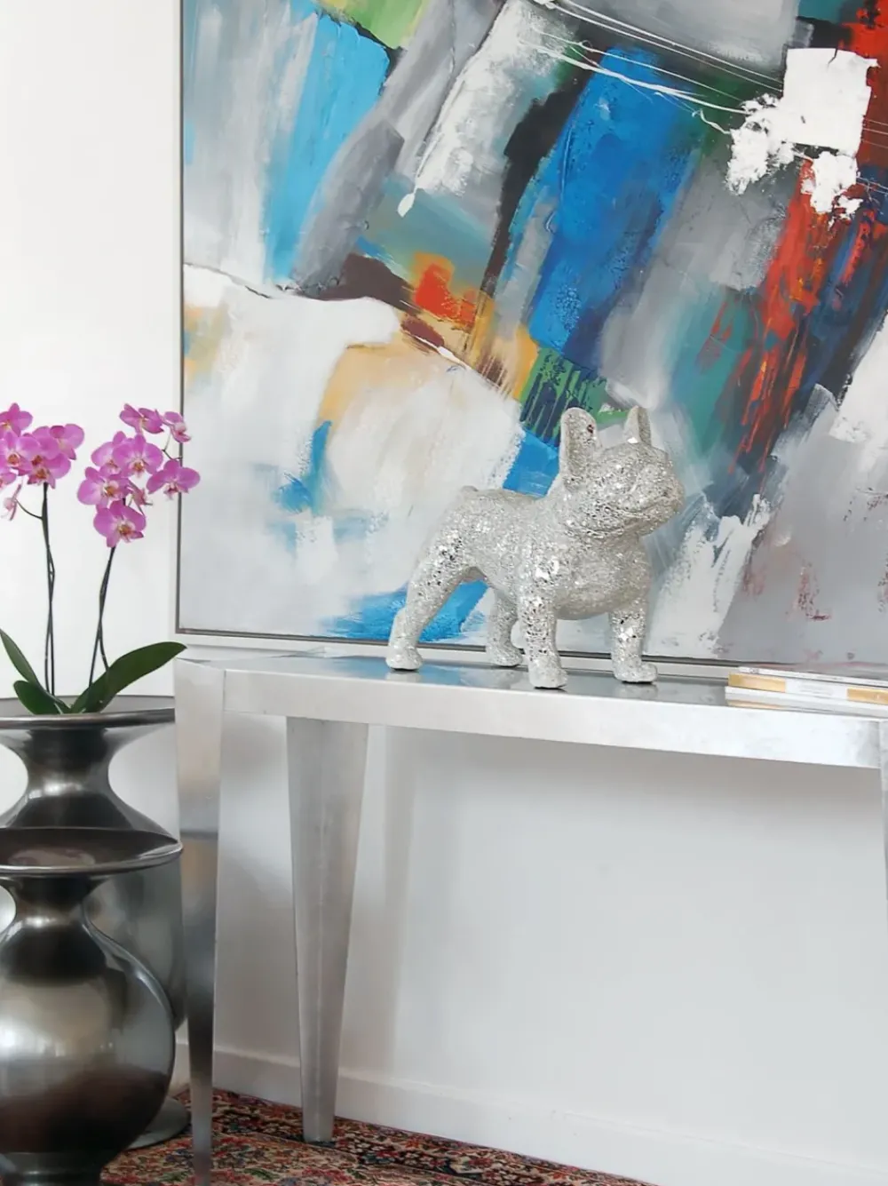 Table Top|Floor Standing^Statues & Sculptures French Bulldog 38cm Silver Resin Indoor Sculpture