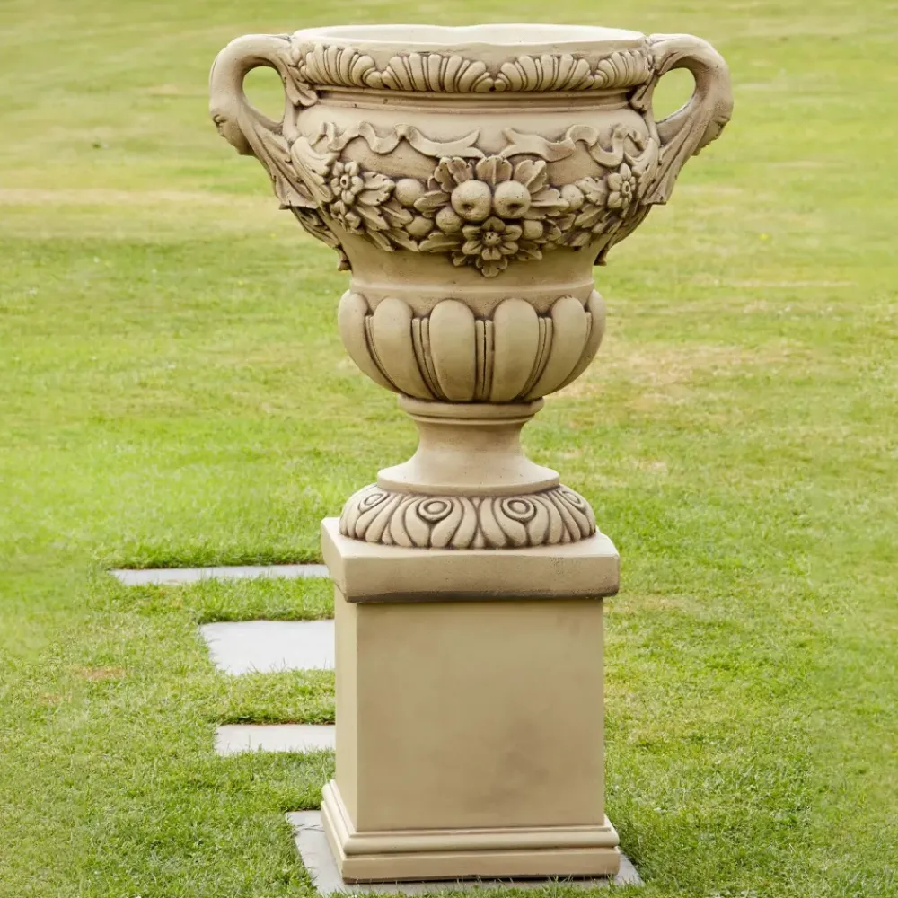 Large|Round^Statues & Sculptures Gordes Vase on Pedestal Stone Garden Planter