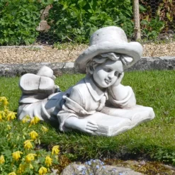 Children^Statues & Sculptures Laying Reading Boy 36cm Stone Resin Garden Statue
