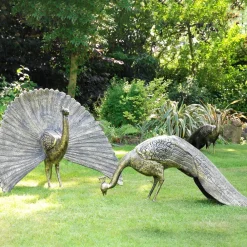 Peacocks^Statues & Sculptures Majestic Peacocks Life-Size Bronze Metal Garden Statues
