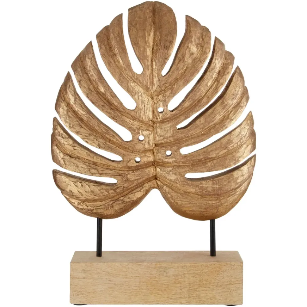 Table Top|Contemporary^Statues & Sculptures Monsera Leaf 45cm Gold Wood Indoor Sculpture