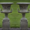 Large|Round^Statues & Sculptures Pair of Grecian Stone Garden Planter Urns on Pedestals