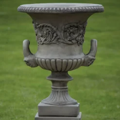 Large|Round^Statues & Sculptures Pair of Grecian Stone Garden Planter Urns on Pedestals