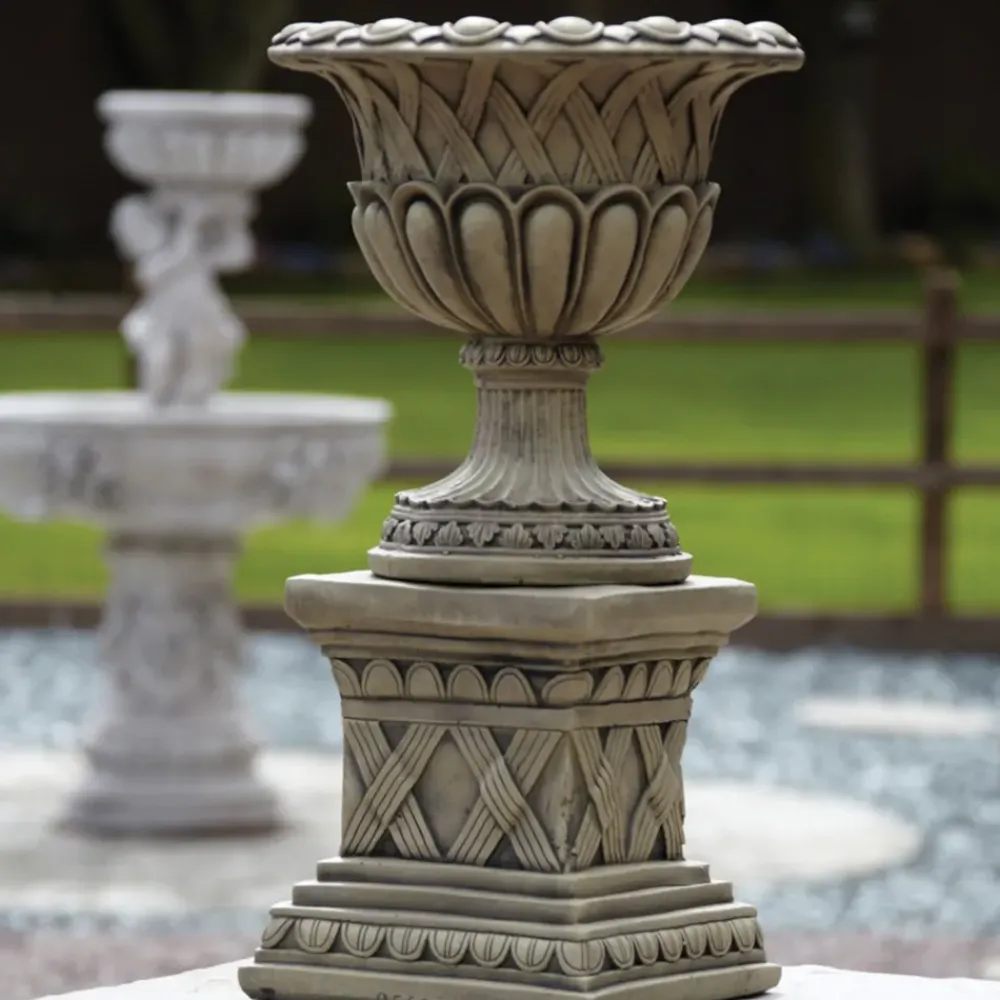 Large|Round^Statues & Sculptures Woven Stone Garden Planter on Pedestal