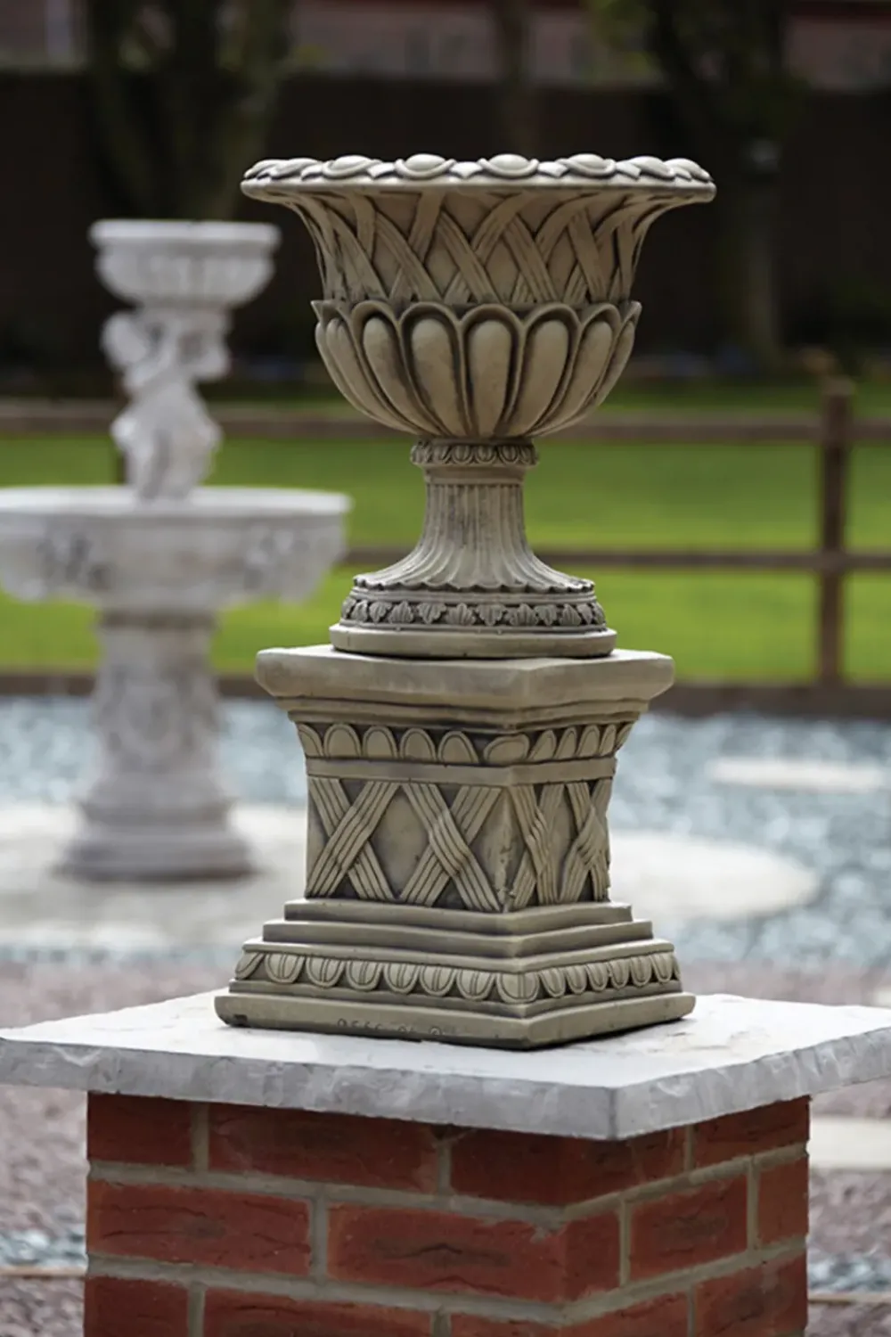 Large|Round^Statues & Sculptures Woven Stone Garden Planter on Pedestal